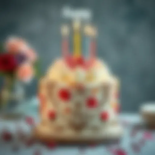 An elegant birthday cake adorned with intricate designs and vibrant colors