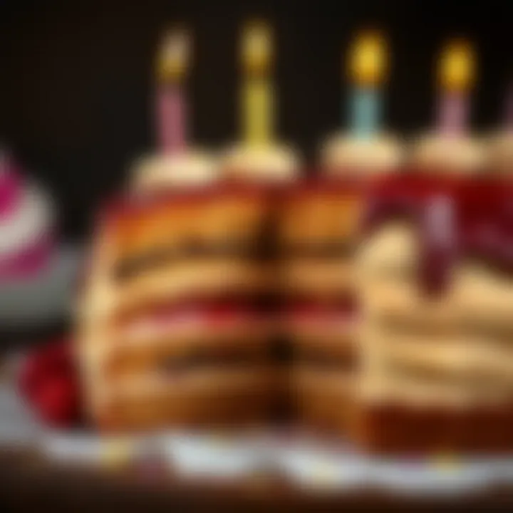 A close-up of the rich, layered interior of the birthday cake, showcasing its delicious filling