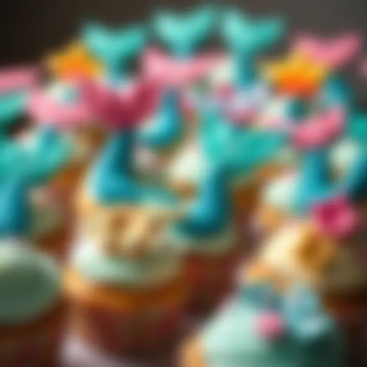 An array of colorful cupcakes designed with mermaid tails and ocean motifs