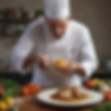 A chef meticulously garnishing a gourmet dish in a Michelin-starred kitchen