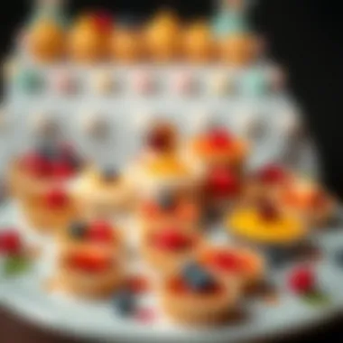 A beautifully arranged dessert table featuring assorted mini tarts with vibrant colors