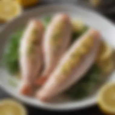 A close-up view of Mirlan fish fillets with lemon and garlic