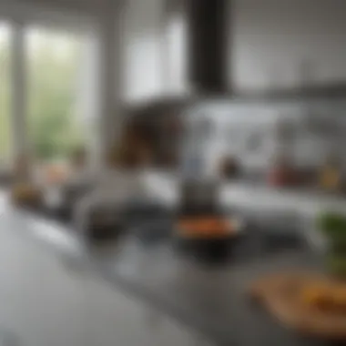 A well-organized kitchen featuring titanium pots and pans, emphasizing modern aesthetics.