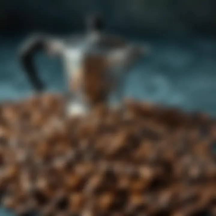 Different coffee beans arranged next to a moka pot for brewing