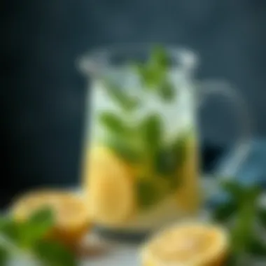 Close-up of mint and lemon in a glass pitcher