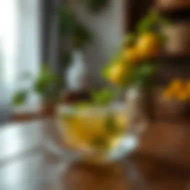 A cup of mint lemon tea on a wooden table