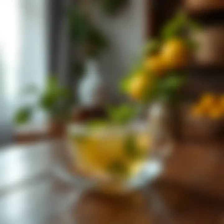 A cup of mint lemon tea on a wooden table