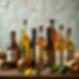 A selection of various natural oils in elegant glass bottles