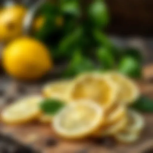 Lemon slices on a wooden board showcasing freshness.