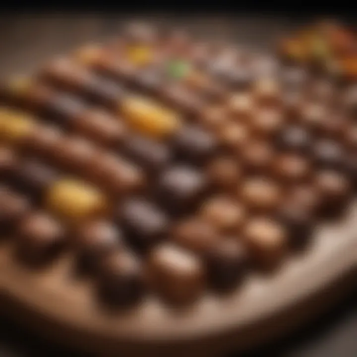 A close-up view of assorted Nin chocolates arranged elegantly on a wooden platter.