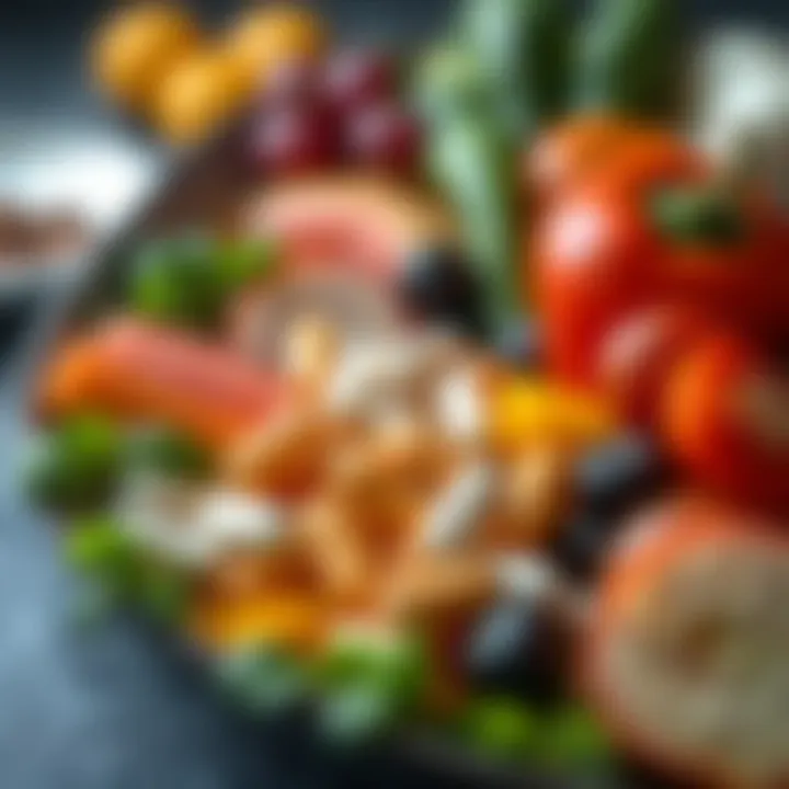 Synergy Between Foods and Vitamins A vibrant plate of fruits and vegetables alongside vitamin tablets.