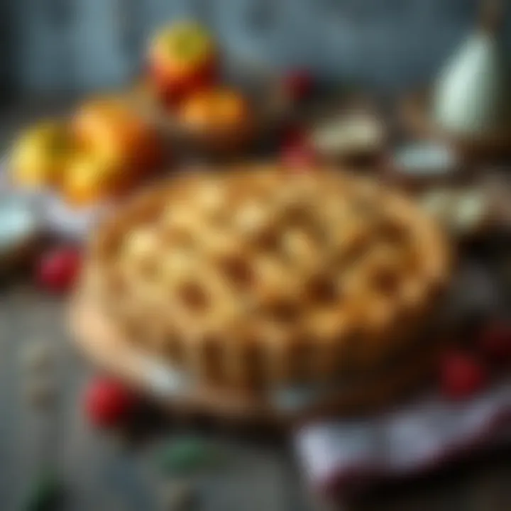 Display of Apple Pie A decorative display of a whole apple pie on a rustic wooden table