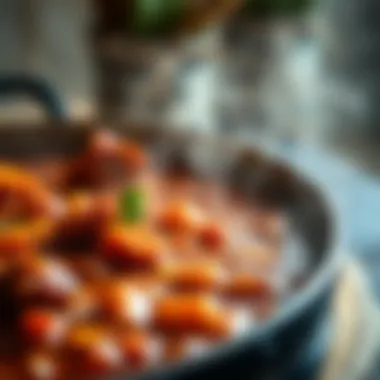 A close-up of a richly flavored stew simmering