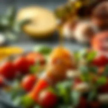 Olive oil being drizzled over a fresh salad