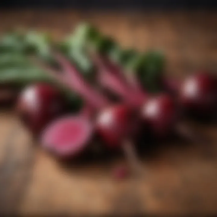 Vibrant red beetroots on a wooden surface