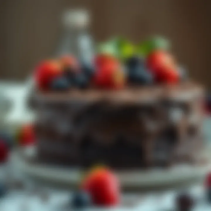 An elegant chocolate cake adorned with fresh berries and chocolate shavings.