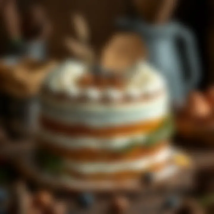 A rustic cake decorated with natural elements, showcasing a farmhouse aesthetic.