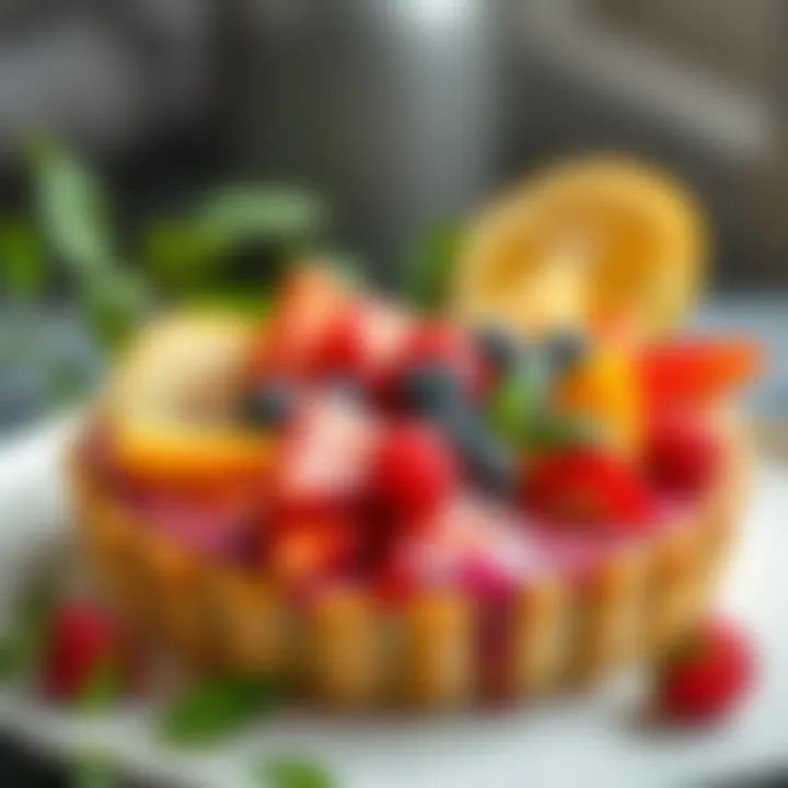 A vibrant fruit tart with a glossy glaze and a variety of seasonal fruits.