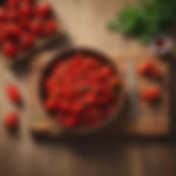 Vibrant red peppers on a wooden table