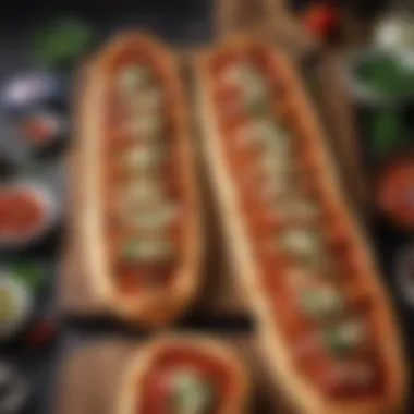 An assortment of freshly baked pide varieties displayed on a wooden board.