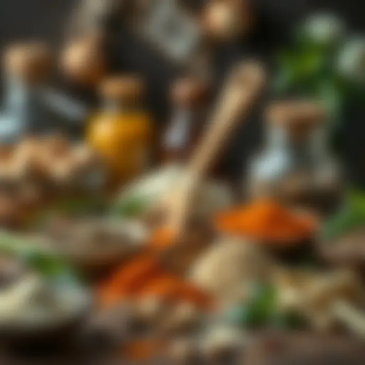 An array of spices and ingredients used for making Pilav Üstü Tavuk, emphasizing authenticity