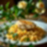 A beautifully plated Pilav Üstü Tavuk dish showcasing tender chicken over fragrant rice