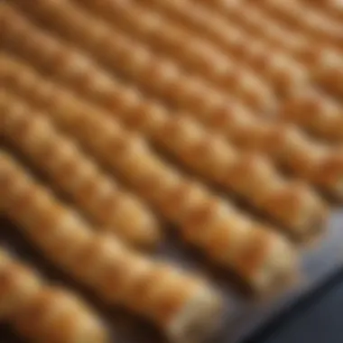 Layers of delicate pastry dough being arranged on a flat surface