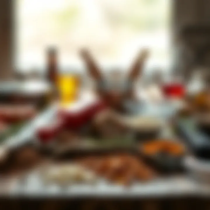 An array of cooking tools and spices for meat preparation