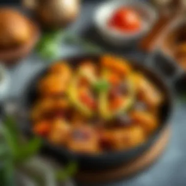 Art of Presentation with Enamel Cookware A beautifully plated dish prepared in an enamel-coated skillet