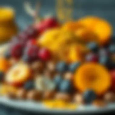 A vibrant array of fruits and nuts with pollen sprinkled over