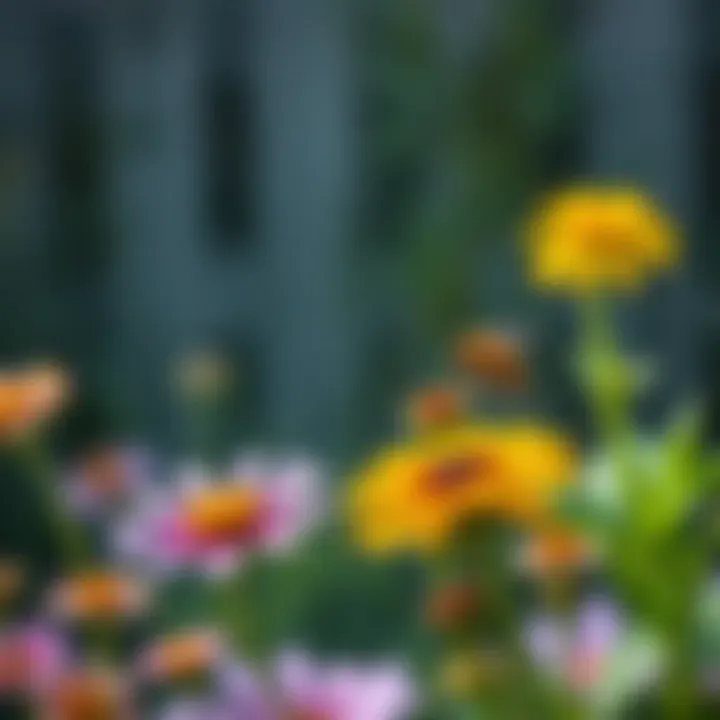 A beautiful garden scene with flowers attracting bees