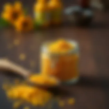 A jar of bee pollen alongside a wooden spoon