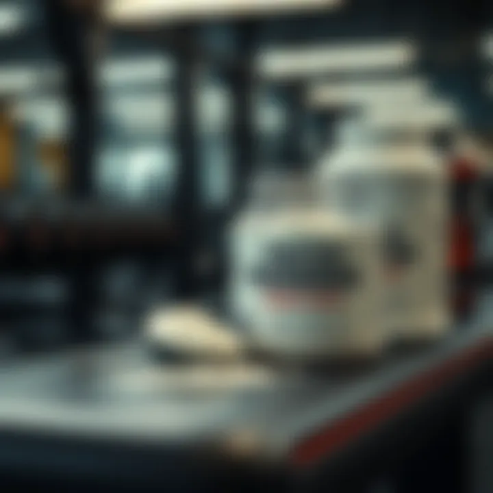 Protein Powder Before Workout Protein powder with a scoop on a gym bench