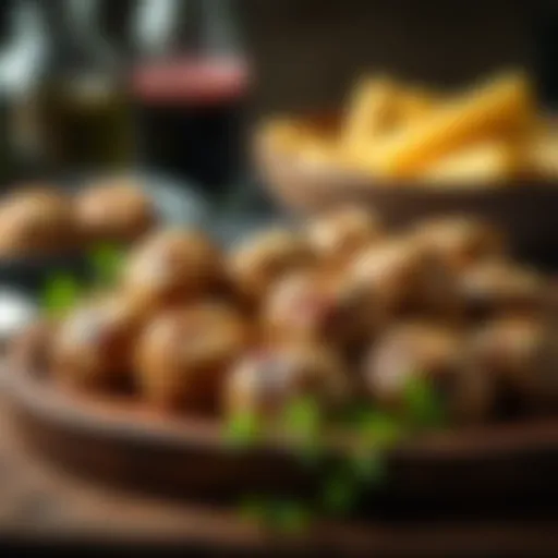 A close-up view of protein-rich meatballs on a wooden platter