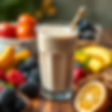 Morning Protein Shake Benefits Glass of protein shake with breakfast foods