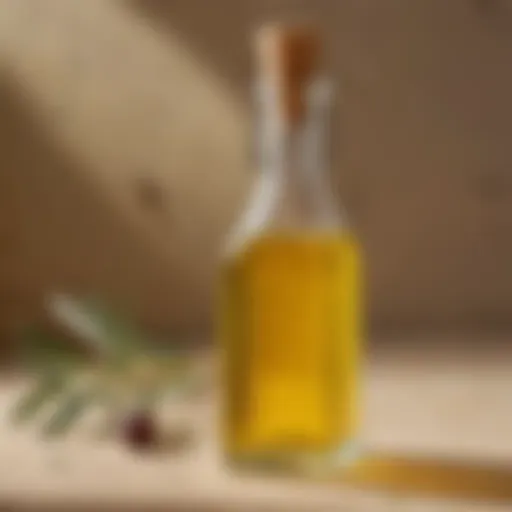 A close-up of refined olive oil in an elegant glass bottle reflecting natural light