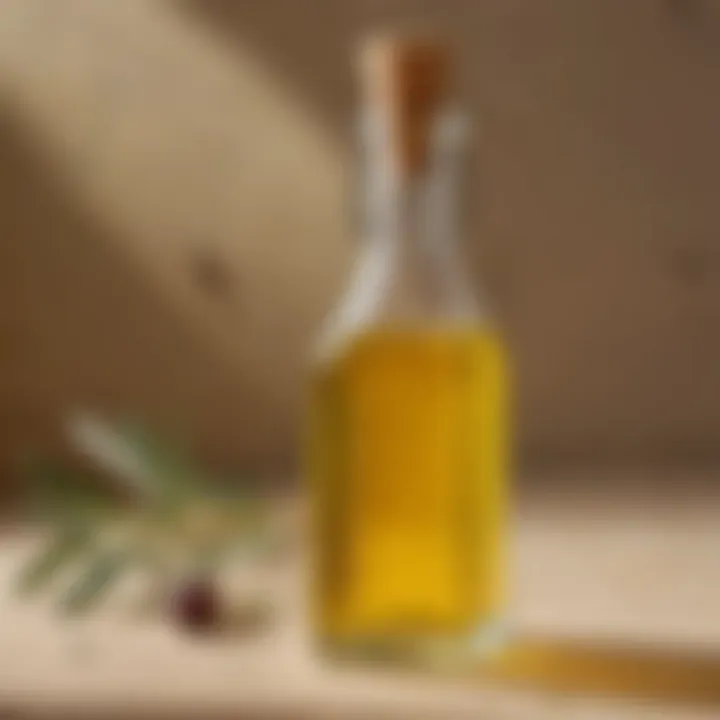 A close-up of refined olive oil in an elegant glass bottle reflecting natural light