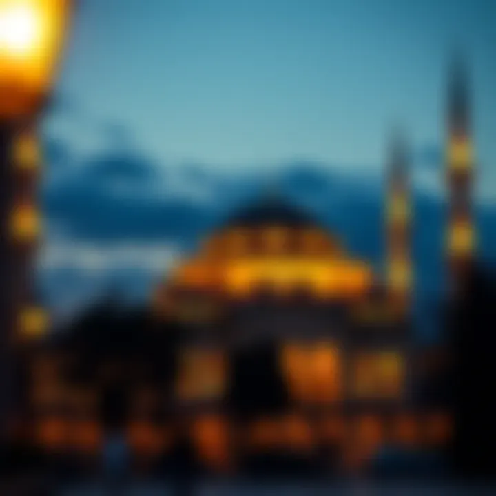 An ornate mosque illuminated at twilight, representing the spiritual essence of Ramadan.
