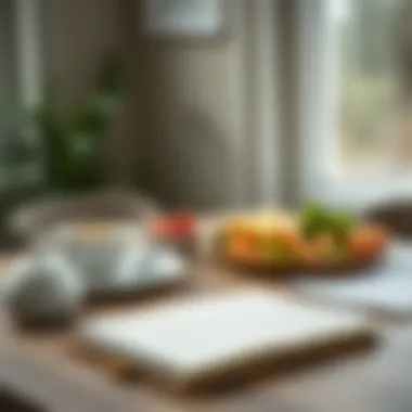 A serene setting with a notebook and healthy meal prep