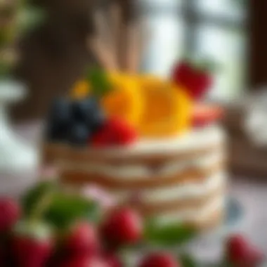 Close-up of a sophisticated cake decoration with fruits