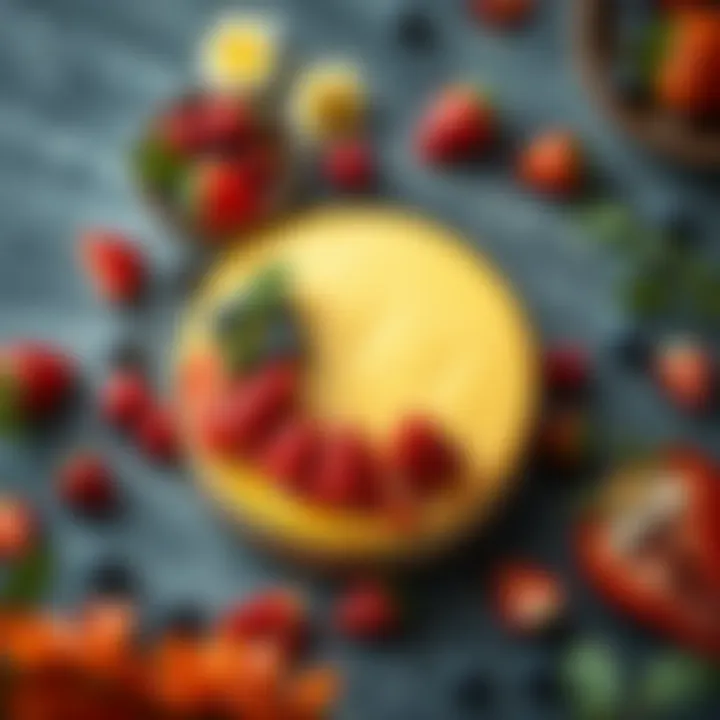 An aerial view of the cheesecake surrounded by fresh berries and vibrant garnishes.