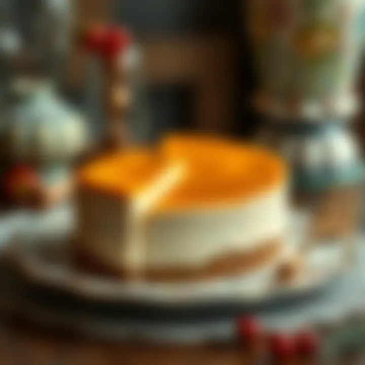 Elegant presentation of the cheesecake on a decorative plate with artistic accents.