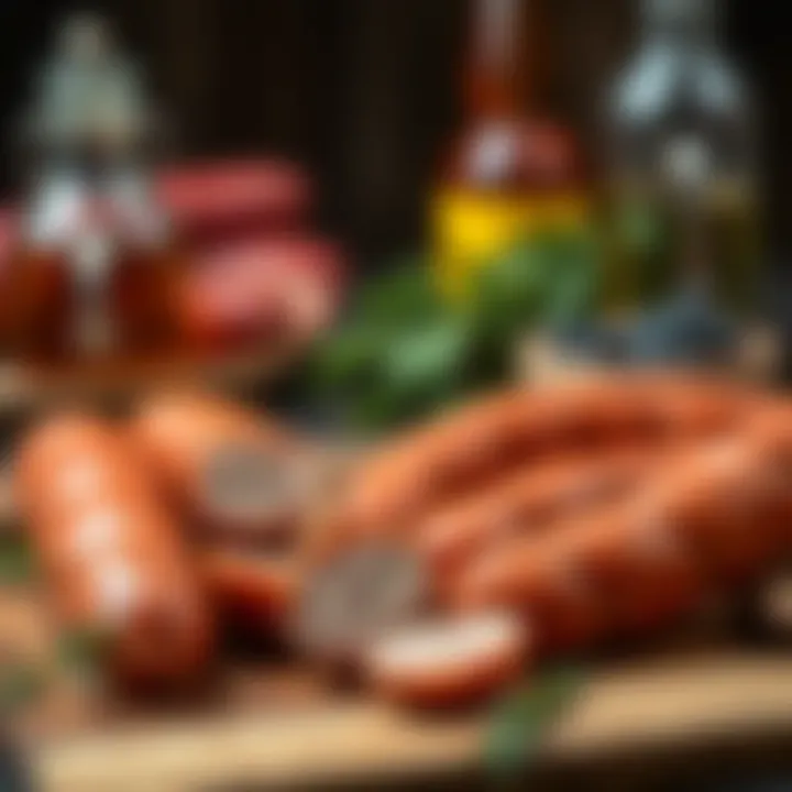 An artistic close-up of artisan sausages displayed on a rustic wooden cutting board