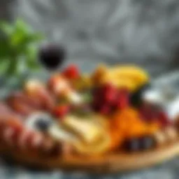 A beautifully arranged charcuterie board featuring an array of cured meats, cheeses, and fresh fruits