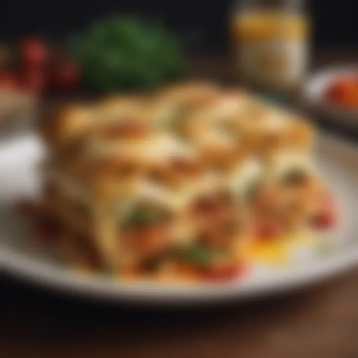 A close-up of baked vegetable lasagna with melted cheese