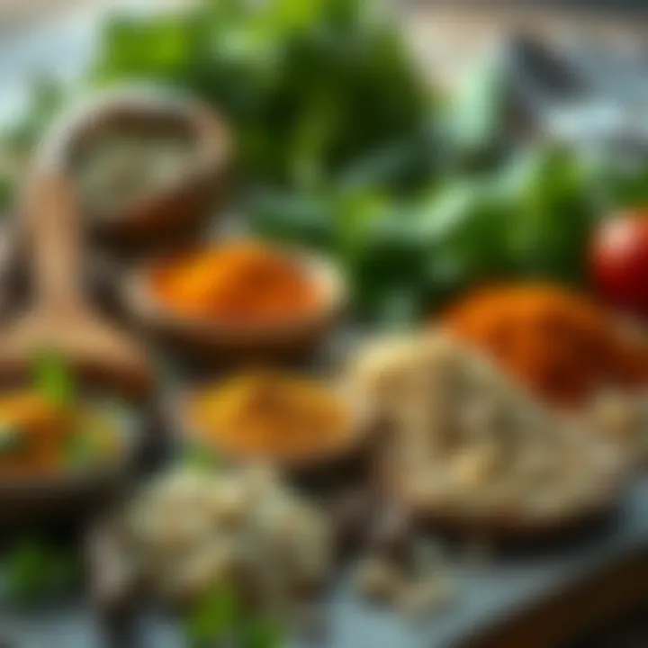 An array of fresh herbs and spices for the dish