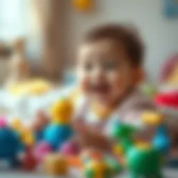 A smiling six-month-old baby surrounded by colorful toys