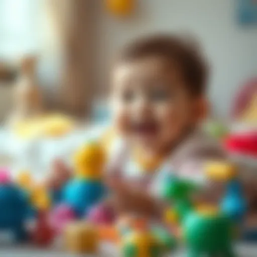 A smiling six-month-old baby surrounded by colorful toys