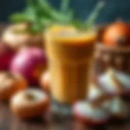 A glass of onion juice with fresh onions around