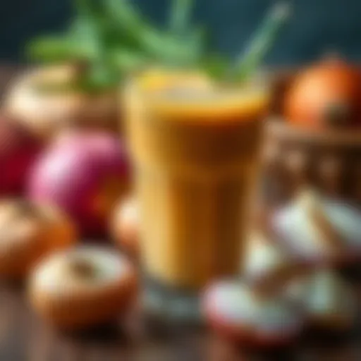 A glass of onion juice with fresh onions around